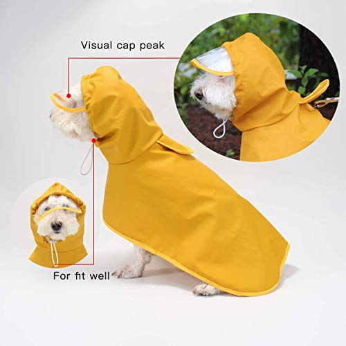 Dociote Impermeable para Perros Mascotas Ajustable Respirante Capa de Lluvia Chubasquero con Capucha & Collar Agujero para Perro pequeño Mediano PU Amarillo