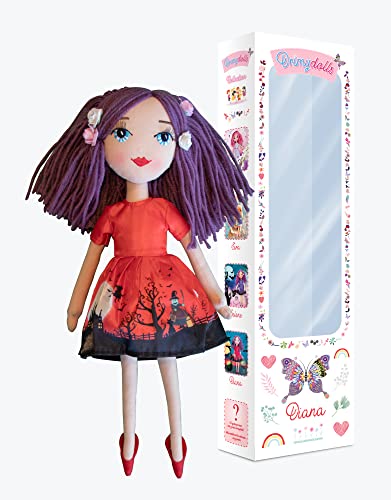 DRIMYDOLLS - Muñeca de Trapo Suave Niñas, Blandita, Hecha a Mano, Muñeca de Moda 37 CM, Ojos Arcoiris, Exclusiva, Diseño en Rojo, Tela de Calidad, Serie Limitada Colección DIANA, Regalo Original Única