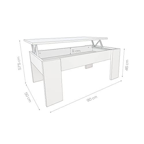 Duérmete Online 0 Mesa de Centro Elevable, Mesita de Salón o Comedor, Acabado en Color Blanco, Medidas: 90 cm (Ancho) x 50 cm (Fondo) x 46-57 cm (Alto), Madera, 90 x 50 x 46/57 cm