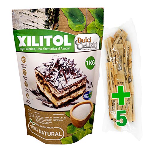 DULCILIGHT Xilitol Edulcorante 100% Natural 1 Kg Origen Abedul de Finlandia + (5 sobres de prueba Nuevo DULCILIGHT Edulcorante Moreno) Sustituto del Azúcar en cocina y Repostería