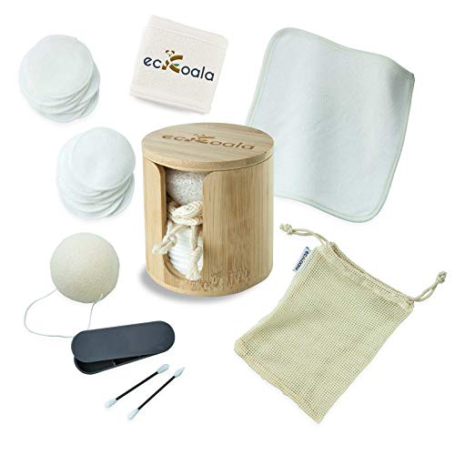 ecKoala® Set Desmaquillante – 16 Discos Desmaquillantes Lavables + caja de Bambú + Toallita Desmaquillante de Fibra Natural + Cotonetes Reutilizables + Esponja Konjac + Bolsa de lavado – Regalo Ideal