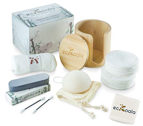 ecKoala® Set Desmaquillante – 16 Discos Desmaquillantes Lavables + caja de Bambú + Toallita Desmaquillante de Fibra Natural + Cotonetes Reutilizables + Esponja Konjac + Bolsa de lavado – Regalo Ideal