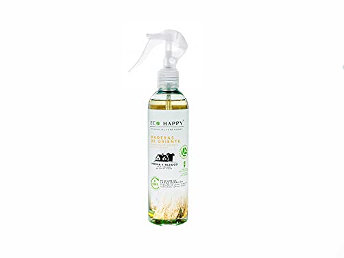 ECO HAPPY Ambientador Mikado. 95ml. más Pulverizador Textil para Hogar 245 ml. Fragancias Frescas y duraderas.… (Maderas de Oriente + Dama de Noche)