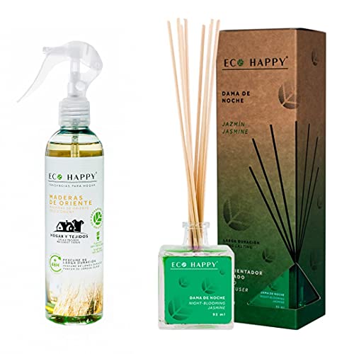 ECO HAPPY Ambientador Mikado. 95ml. más Pulverizador Textil para Hogar 245 ml. Fragancias Frescas y duraderas.… (Maderas de Oriente + Dama de Noche)