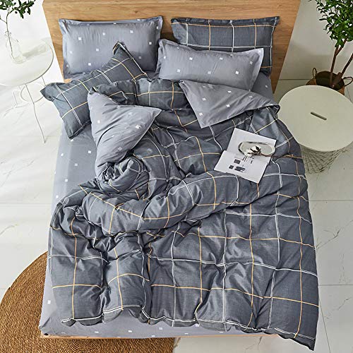 ED-Lumos Funda nórdica Juego de Ropa de Cama ４ Piezas Cama 105cm Funda de edredón 180x220cm Sábana encimera 230x230cm Funda de Almohada 48x74cm Poliéster Microfibra A Cuadros Gris