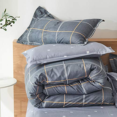 ED-Lumos Funda nórdica Juego de Ropa de Cama ４ Piezas Cama 105cm Funda de edredón 180x220cm Sábana encimera 230x230cm Funda de Almohada 48x74cm Poliéster Microfibra A Cuadros Gris