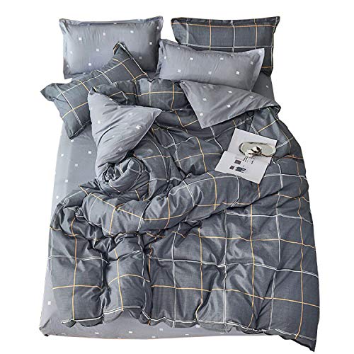 ED-Lumos Funda nórdica Juego de Ropa de Cama ４ Piezas Cama 105cm Funda de edredón 180x220cm Sábana encimera 230x230cm Funda de Almohada 48x74cm Poliéster Microfibra A Cuadros Gris