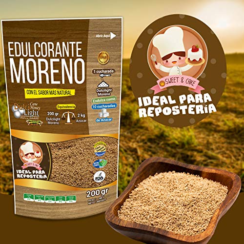 EDULCORANTE MORENO DULCILIGHT |2 ENVASES DE 200gr| 100% Natural granulado de caña con fibra Vegetal|400gr = 4kg de Azucar|Formato Ahorro para Reposteria Premium