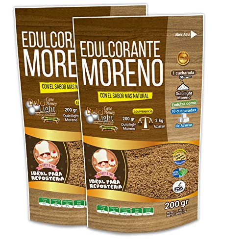 EDULCORANTE MORENO DULCILIGHT |2 ENVASES DE 200gr| 100% Natural granulado de caña con fibra Vegetal|400gr = 4kg de Azucar|Formato Ahorro para Reposteria Premium