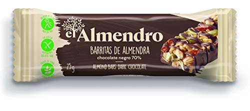 El Almendro, Barritas de Almendra y Chocolate Negro 70%, Barritas Energeticas, 10 porciones de 25 Gramos, 250 Gramos