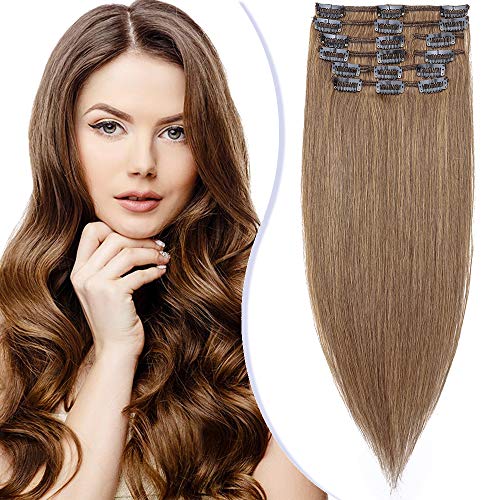 Elailite Extensiones de Clip de Pelo Natural Consejos Completos 100% Remy Cabello Humano 8 Piezas Lisas Largas 50cm 80g #06 Castaño Claro