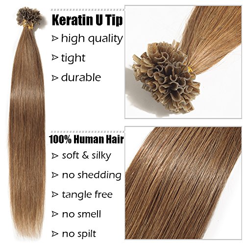 Elailite Extensiones de Queratina Pelo Natural 1g Cabello Humano 100% Remy sin Clip U Tip Keratina 50 Mechas 50g - 45cm #06 Castaño Claro