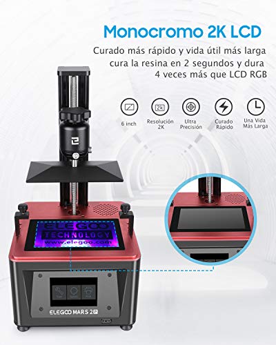 ELEGOO Mars 2 Pro Impresora 3D con LCD Monocromático 2K de 6 Pulgadas, Impresora 3D Resina con carbón activo incorporado y 2 Películas FEP Adicionales, Tamaño de Impresión 129 * 80 * 160 mm