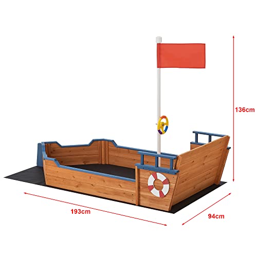 [en.casa] Arenero con Diseño de Barco Pirata Juego de Jardín Banco Plegable con Forro del Suelo Abeto Polietileno 136 x 193 x 94 cm Natural Azul Rojo