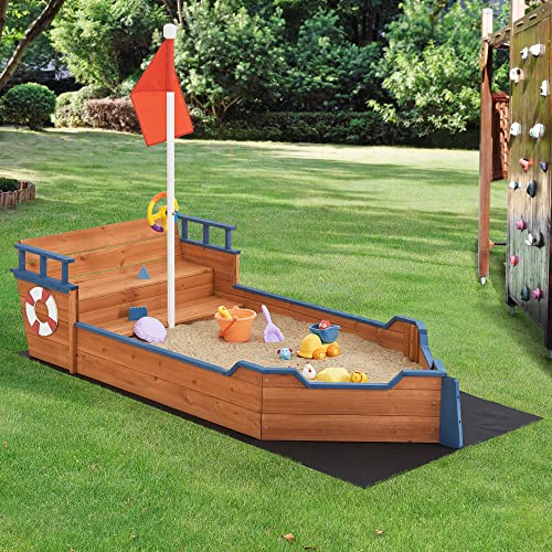 [en.casa] Arenero con Diseño de Barco Pirata Juego de Jardín Banco Plegable con Forro del Suelo Abeto Polietileno 136 x 193 x 94 cm Natural Azul Rojo