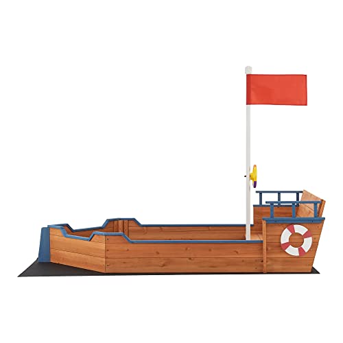 [en.casa] Arenero con Diseño de Barco Pirata Juego de Jardín Banco Plegable con Forro del Suelo Abeto Polietileno 136 x 193 x 94 cm Natural Azul Rojo