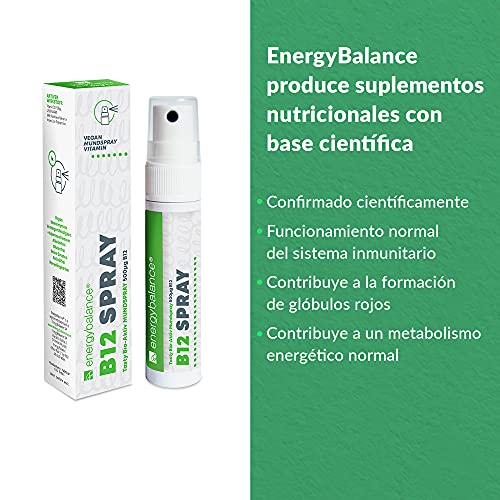 EnergyBalance Vitamina B12 Spray - Spray bucal vegano - Alta dosis sin azúcar - 500 µg de metilcobalamina por spray - 210 porciones = 7 meses - Alta biodisponibilidad - Marca desde Suiza - Sin alcohol