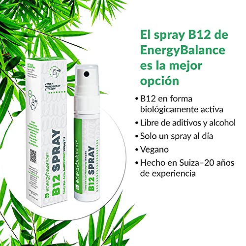 EnergyBalance Vitamina B12 Spray - Spray bucal vegano - Alta dosis sin azúcar - 500 µg de metilcobalamina por spray - 210 porciones = 7 meses - Alta biodisponibilidad - Marca desde Suiza - Sin alcohol