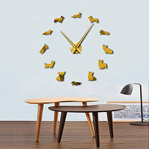 English Welsh Corgi DIY Reloj de Pared Grande Efecto Espejo Sin Marco Cachorro Razas de Perros Arte de la Pared Tienda de Mascotas Reloj Decorativo Reloj de Pared Geeks Far Away from Home Merchandise