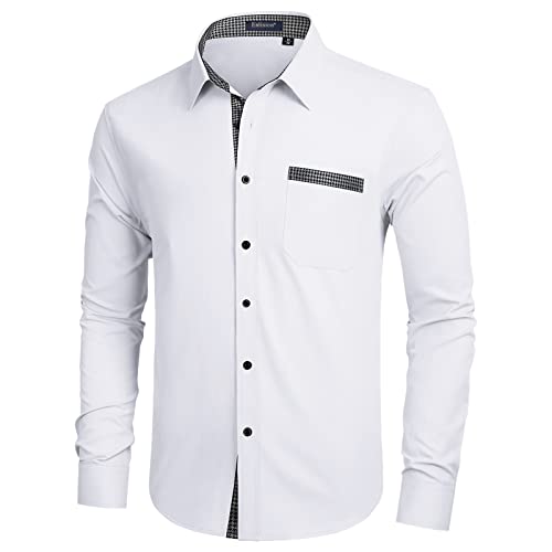 Enlision Camisas Blanco Hombre Casual Manga Larga Camisa Formal Negocio Boda Fiesta Camisa de Vestir Elegante con Color de Contraste Bolsillo M