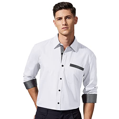 Enlision Camisas Blanco Hombre Casual Manga Larga Camisa Formal Negocio Boda Fiesta Camisa de Vestir Elegante con Color de Contraste Bolsillo M