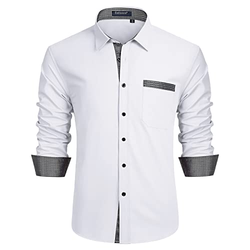 Enlision Camisas Blanco Hombre Casual Manga Larga Camisa Formal Negocio Boda Fiesta Camisa de Vestir Elegante con Color de Contraste Bolsillo M