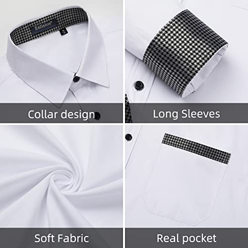 Enlision Camisas Blanco Hombre Casual Manga Larga Camisa Formal Negocio Boda Fiesta Camisa de Vestir Elegante con Color de Contraste Bolsillo M