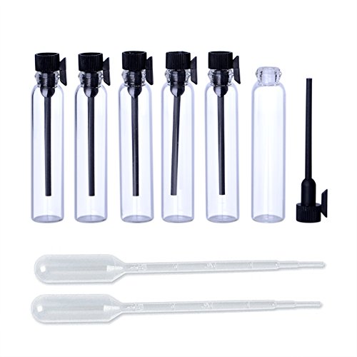 Enslz 100 unidades de muestras de perfume, mini botellas con tapa negra, botellas de cristal vacías con cuentagotas para viajes y fiestas (1 ml)