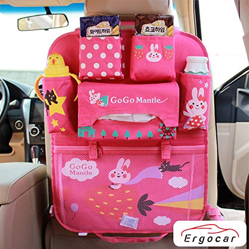 Ergocar Creativo Lindo Dibujos Animados Organizador del Asiento de Coche con Bolsas de Aislamiento para Niños Impermeable del Coche Almacenamiento Plegable Kick Mat (Conejo Espacial - 1 Pack)