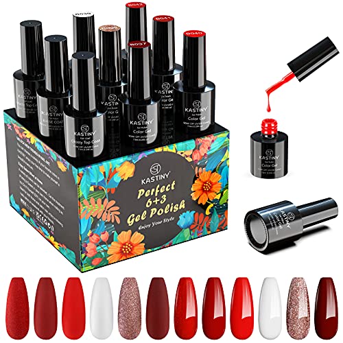 Esmaltes Semipermanentes, Kastiny 9PCS Rojo Degradado Colección Pintauñas Semipermanente con Base, Capa Superior Brillante y Mate, Uñas Gel UV LED para Navidad y Año Nuevo