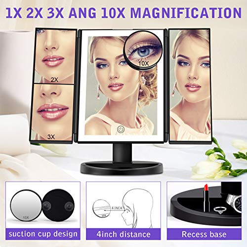 Espejo Maquillaje con Luz,Tríptica Aumentos 10x, 3X, 2X,1x Magnetismo Extraíble Espejo 10 Aumentos Rotación Ajustable de 180° Espejo de Maquillaje 36 Leds Carga con USB o Batería (Negro)