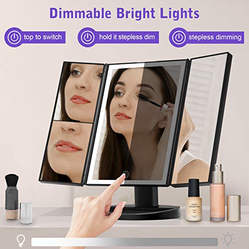 Espejo Maquillaje con Luz,Tríptica Aumentos 10x, 3X, 2X,1x Magnetismo Extraíble Espejo 10 Aumentos Rotación Ajustable de 180° Espejo de Maquillaje 36 Leds Carga con USB o Batería (Negro)