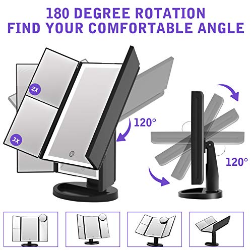 Espejo Maquillaje con Luz,Tríptica Aumentos 10x, 3X, 2X,1x Magnetismo Extraíble Espejo 10 Aumentos Rotación Ajustable de 180° Espejo de Maquillaje 36 Leds Carga con USB o Batería (Negro)