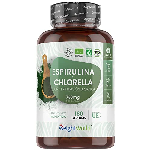 Espirulina y Chlorella Orgánica 180 Cápsulas Vegano - Suplemento Natural y Ecológico de Espirulina y Chlorella de 750mg por Cápsula, Superalimento Potente Fuente de Proteínas Minerales Vitaminas