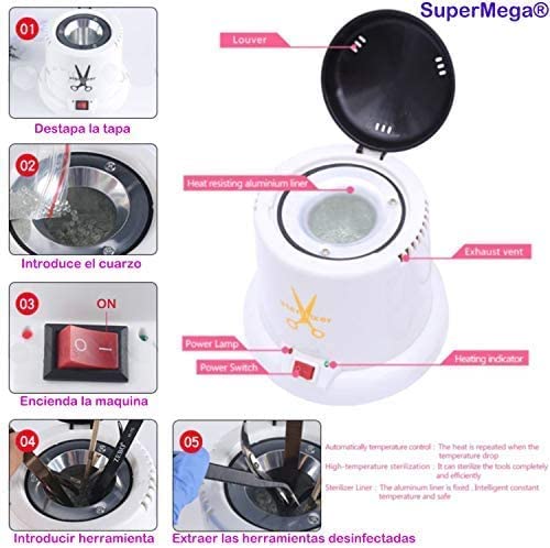 Esterizador cuarzo esterilizador de 100W con Bolas de Cuarzo, Instrumento Desinfección y Limpieza a 250 Grados, para peluqueria y estetica, Manicura y Pedicura (Blanco)