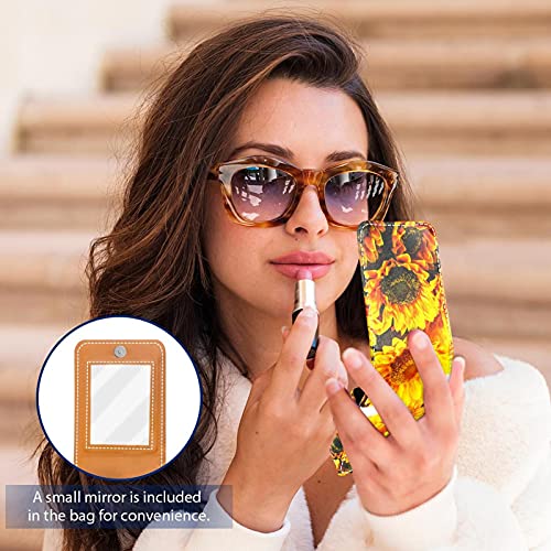 Estuche de lápiz labial exterior con luz solar y girasol, para monedero, mini bolsa de lápiz labial, bolsa de cosméticos de viaje con espejo para mujer, toma hasta 3 pintalabios