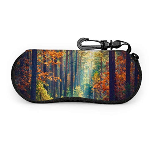 Estuche para anteojos, Autumn Forest Nature Vivid Morning Gafas de sol coloridas Estuche blando Estuche para anteojos con cremallera de neopreno ultraligero con mosquetón, Estuche para anteojos