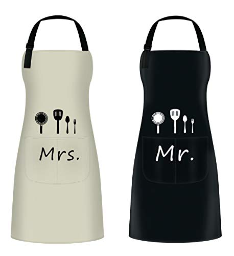 ETLEE Mr. & Mrs Delantal De Cocina , Con Correa Para El Cuello Ajustable y 2 Bolsillos, Se Puede Utilizar Para Barbacoa De Restaurante Jardín Jardín Masculino y Femenino (Negro & Beige )