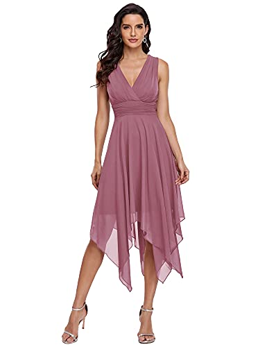 Ever-Pretty Vestido de Fiesta Midi para Mujer Escote en V sin Mangas Asimétrico Gasa Plisado Orquídea 42