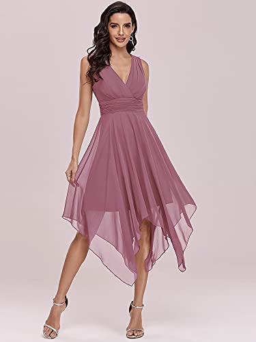 Ever-Pretty Vestido de Fiesta Midi para Mujer Escote en V sin Mangas Asimétrico Gasa Plisado Orquídea 42