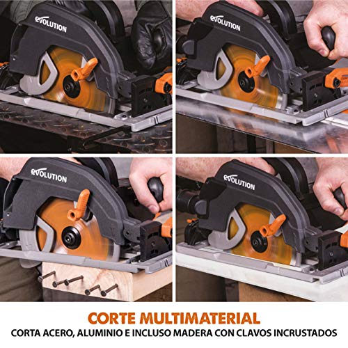 Evolution Power Tools - Sierra circular multimaterial R185CCSX+ con guía compatible (paquete plus con bolsa de transporte), 185 mm, 230 V