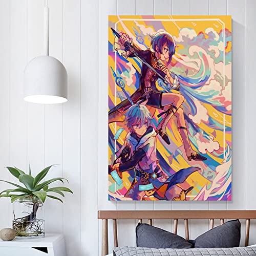 EXLJJC Sin Marco 60X90cm Arte Pintura Impresiones en Lienzo Pósteres del Juego Genshin Impact Posters Chongyun y Xingqiu Tassel