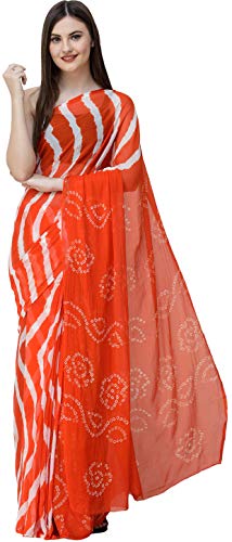 Exotic India Leheriya Sari de Jaipur con el tinte de lazo Bandhani en Pallu - naranja - Talla única