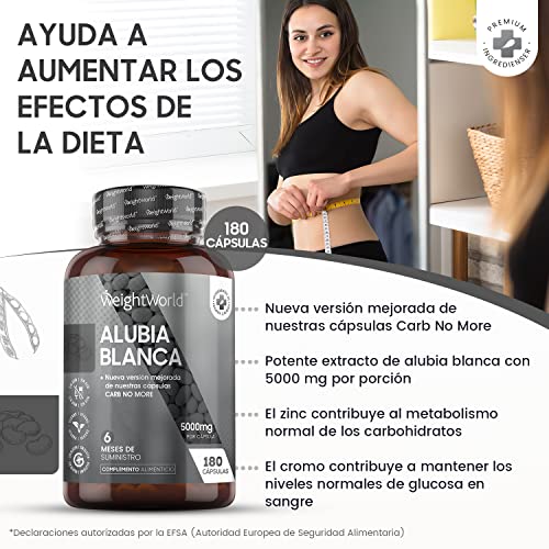 Extracto de Judía Blanca de 5000mg 180 Cápsulas Veganas - Con Zinc y Cromo, Suplemento Dietético Bloqueador para el Control de los Carbohidratos, Zinc Contribuye al Metabolismo Normal de Ácidos Grasos