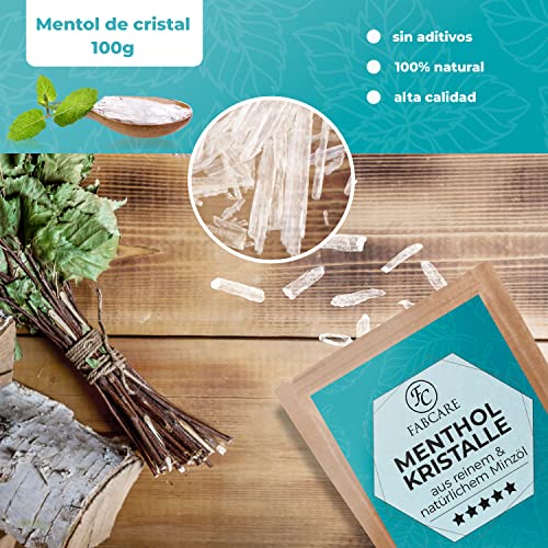 FABCARE Cristales de mentol para sauna (100g) incl. cuchara dosificadora - Mentol 100% natural, libera las vías respiratorias - Infusión refrescante para sauna a base de aceite de menta puro