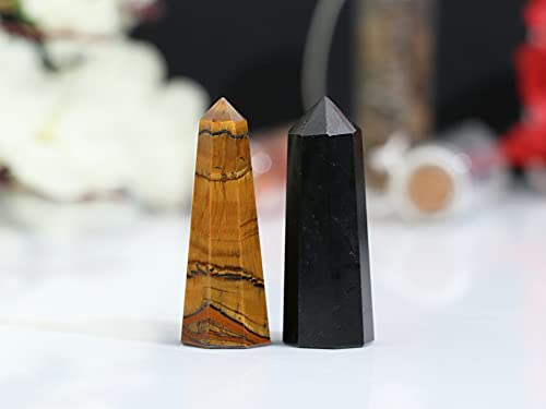 FASHIONZAADI Natural Black Tourmaline and Tiger Eye Gemstone Healing Crystals Single Point Wand Polished Tumbled Stones For Reiki Healing Crystal Wicca Decor & House Decoration Gift Size - 50-55 Mm