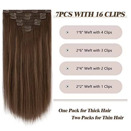 FESHFEN Extensiones Clip Pelo Natural, 100% Remy Humano Postizos de Cabello 7 Piezas 16 Clips Extensiones de Clip de Pelo Castaño a Rubio Caramelo Clip in Hair Extensions, 35cm 110g