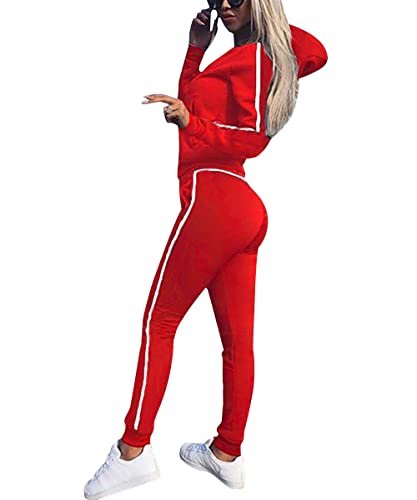 FGFD&OU Sudaderas Mujer Pantalones + Tops Conjunto de Chándal de Mujer Camisas Fitness Manga Larga Casual Jersey Chaqueta Hoodie&Pantalones (Rojo-1, XL)