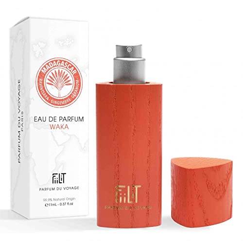 FiiLiT parfum du voyage Agua de perfume Natural WAKA MADAGASCAR, Écrin de Bois, Mixto, Spray recargable, Ravintsara Jengibre Geranio, Vainilla Floral Chypré, para unisex, 11 mL 3.5 x 10 x 3.2