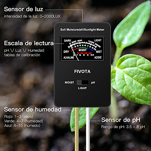 Fivota Medidor pH, Medidor TDS de pH Suelo, 3 en 1 Medidor de Humedad/Luz/pH del Suelo, Medidor de pH y Calidad del Agua, Prueba pH Temperatura para Suelo Líquido (paquete de 3)